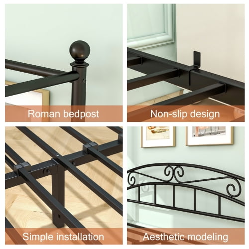 Royard Oaktree Queen Size Metal Canopy Bed Frame with Ornate European Style Headboard & Footboard Sturdy Steel H/Under-Bed Storage Space/No Box Spring Needed/Black