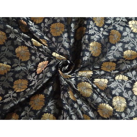 100% PURE SILK BROCADE FABRIC Georgette Zari BLACK,Silver Metallic GOLD COLOR 44" WIDE BRO390[5]