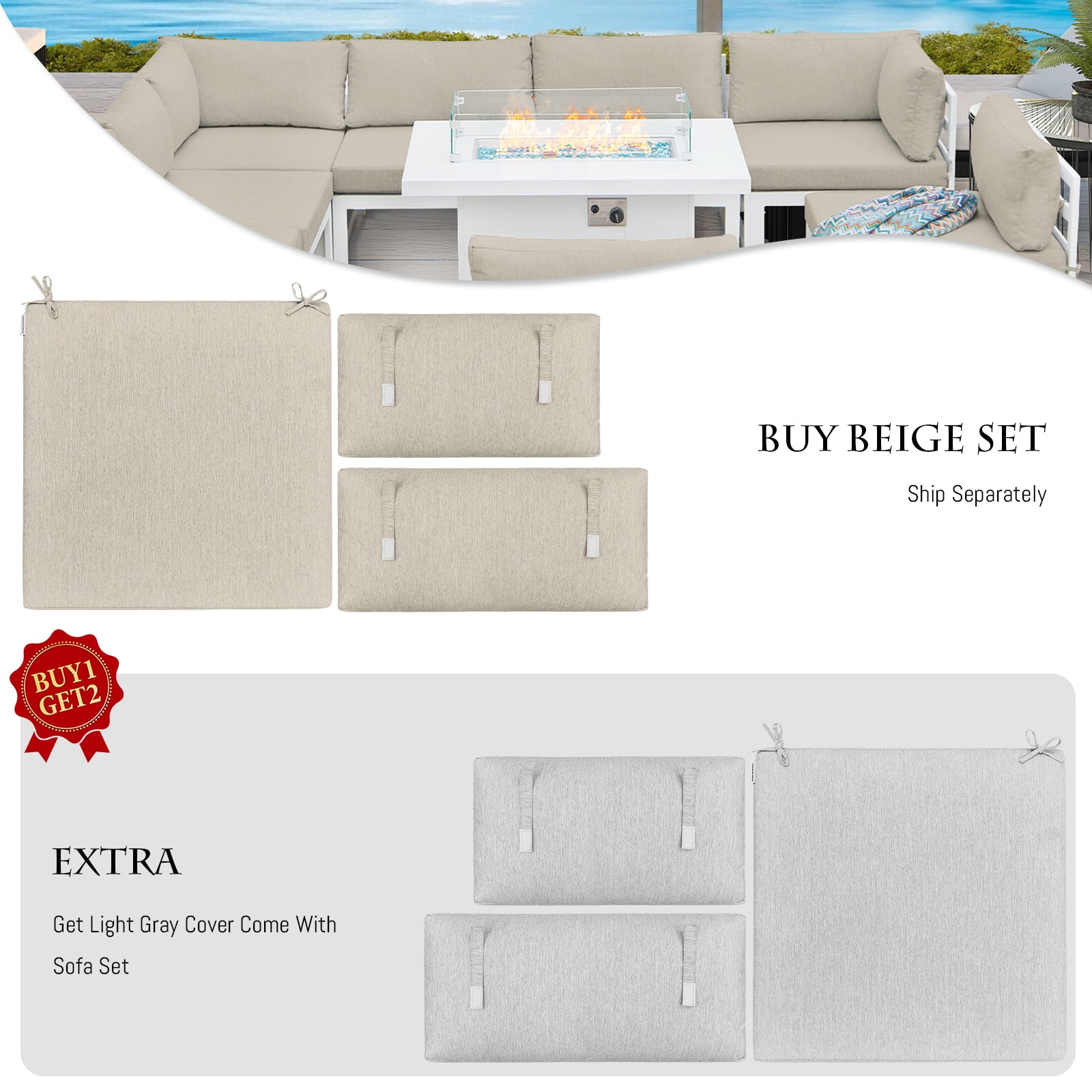 RADIATA 7 Pieces Aluminum Outdoor Patio Sectional Furniture Sofa Set with Fire Pit Table Large Size Luxury Comfortable Durable Water/UV-Resistant for Garden Porch Backyard Party (Beige Cushion)