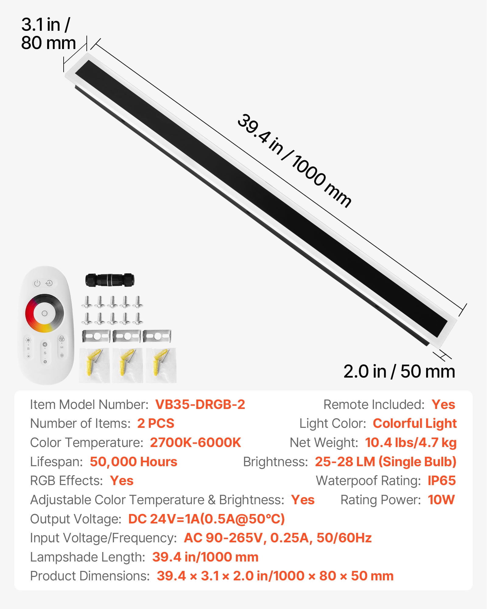 VEVOR Outdoor Wall Lights, 2 Pack,39.4 Inch Long RGB Modern Exterior Wall Sconce Light Fixtures, 2700K-6000K, IP65 Waterproof Anti-Rust, Dimmable Outside Wall Mount Lighting, for House Porch Garage