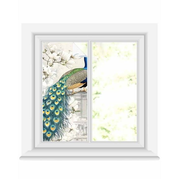 Window Privacy Film Luxury Peacock Stained Glass Window Film Decorative Sun Block Window Cover Watercolor Vintage Floral Attic Window Clings Static Adhesive Sticker for Bathroom 17.7"x39.3"