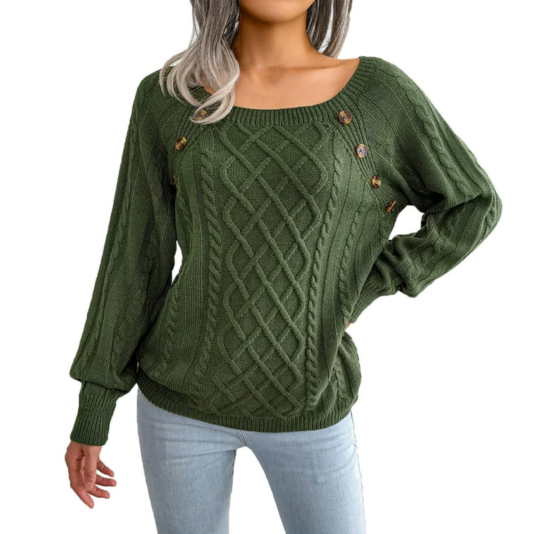 Frehsky sweaters for women Womens Square Neck Button Cable Knit Long Sleeve Casual Loose Pullover Sweater Top womens tops Army Green Walmart