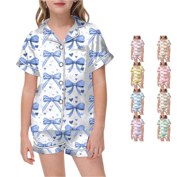 REDARER Girls Silk Satin Pajama Set Bow Heart Print Short Sleeve Button Front Top Matching Shorts Cute Kids Sleep Loungewear Set,12-13 Years