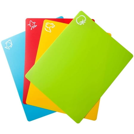

Carrollar Flexible Plastic Cutting Board Mats Colored Mats With Food Icons BPA-Free Non-Porous Gripped Back and Dishwasher Safe Set of 4 (14.6x11.6inch)