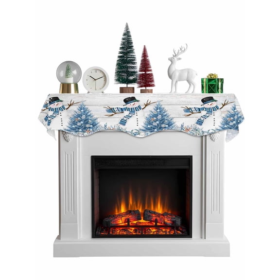 Blue Coastal Christmas Mantel Scarf Fireplace Decorations for Living Room, Snowman Xmas Tree Starfish Vintage Fireplace Mantel Scarf Cover Runner for Halloween/Thanksgiving/Christmas Decor 70"x17"