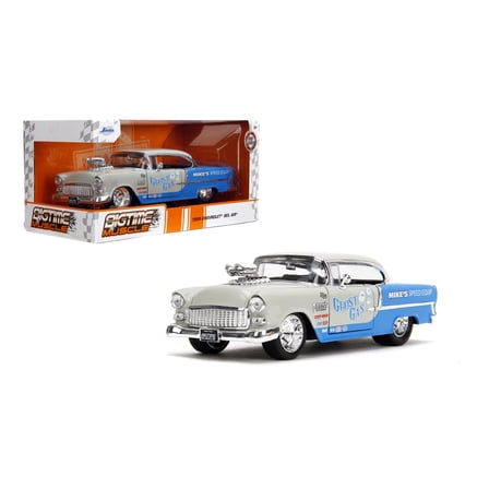 1955 Chevrolet Bel Air "Ghost Gas - Mike's Speed Equip" Light Gray & Blue "Bigtime Muscle" Series 1/24 Diecast Model Car by Jada(Selections May Vary)