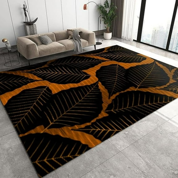 Black Orange Leaves Area Rug, Modern Minimalist Print Living Room Rugs, Indoor Non-Slip Kids Rugs, Machine Washable Carpet For Bedroom Study Front Entrance Floor Decor 2x3ft