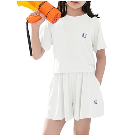 ITSAME Girls Outfit Set Ice Silk Crewneck T-Shirts and Skorts Summer Athletic Casual Clothes 2-Piece White Size 14-15