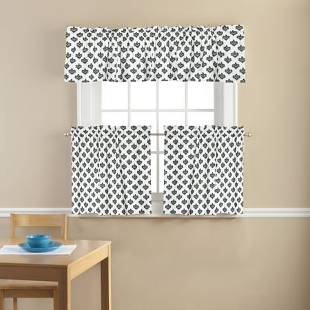Mainstays Small Damask Classic Noir 3 Piece Kitchen Curtains