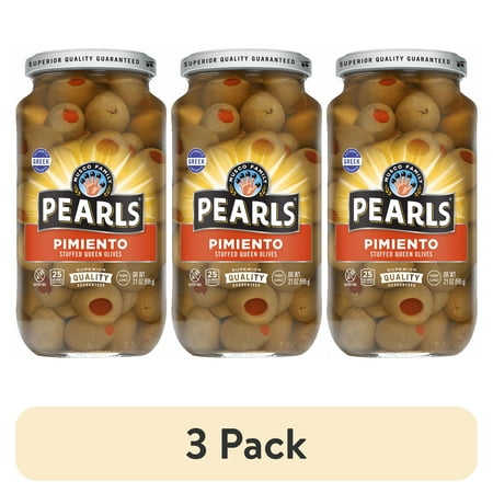 (3 pack) Pearls Pimiento Stuffed Manzanilla Olives, 21 oz. Jar. Major Allergens Not Contained.