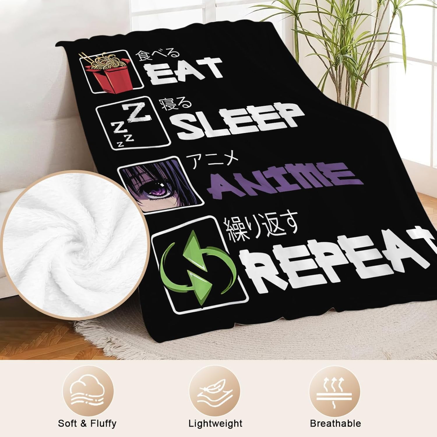 Eat Sleep Anime Blanket for Boys Girls Flannel Anime Throw Blanket Ultra Soft Cozy Fleece Decor Blankets Gift for Womens Mens Couch Sofa Bed 60" x 50"