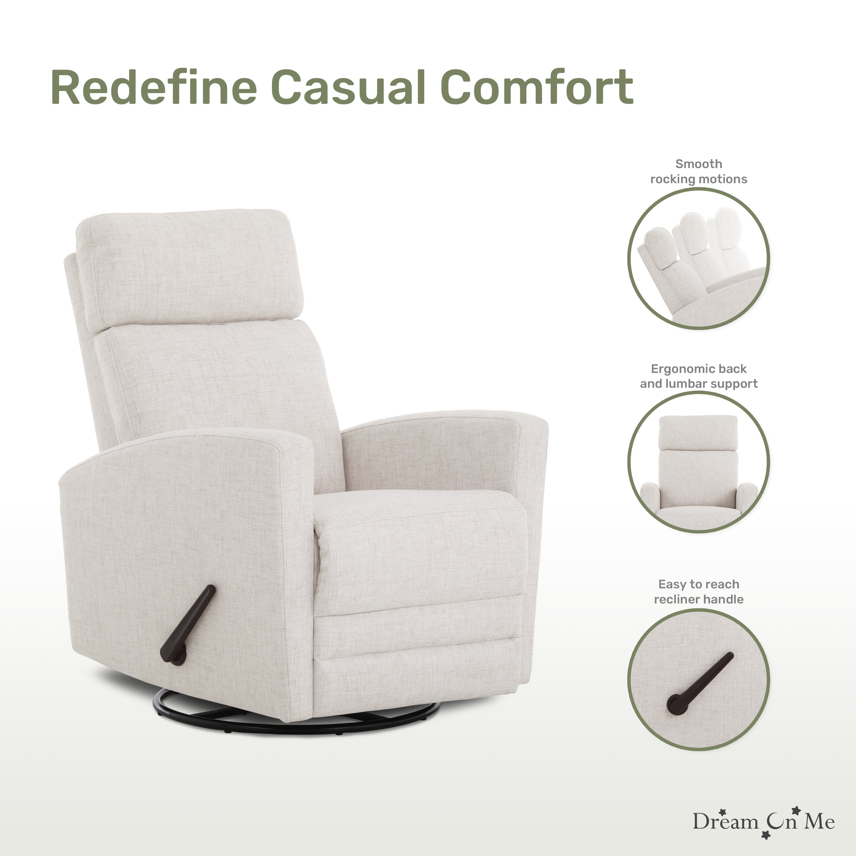 Dream On Me Chatham Nursery Glider Recliner and Rocking Chair in Ecru, 360° Swivel Motion, Smooth Rocking Motions, FSC and Greenguard Gold Certified