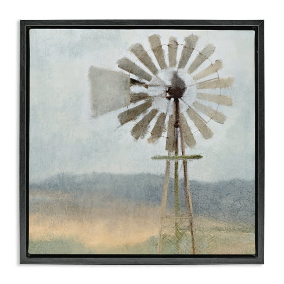 Stupell Industries Neutral Blue Windmill Breeze Landscape Painting Black Floater Framed Canvas Art Print Wall Art, 18 x 18