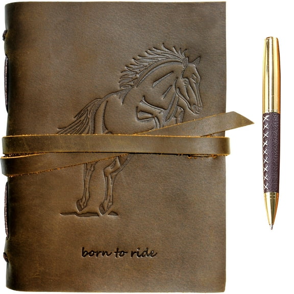 Leather Bound Journal for Men and Women, Handmade Gift Set with Horse Embossed Journal and Stylish Pen, Vintage and Classic, Notebook, Sketchbook, Planner and Diary (300 Pages) (8x6")