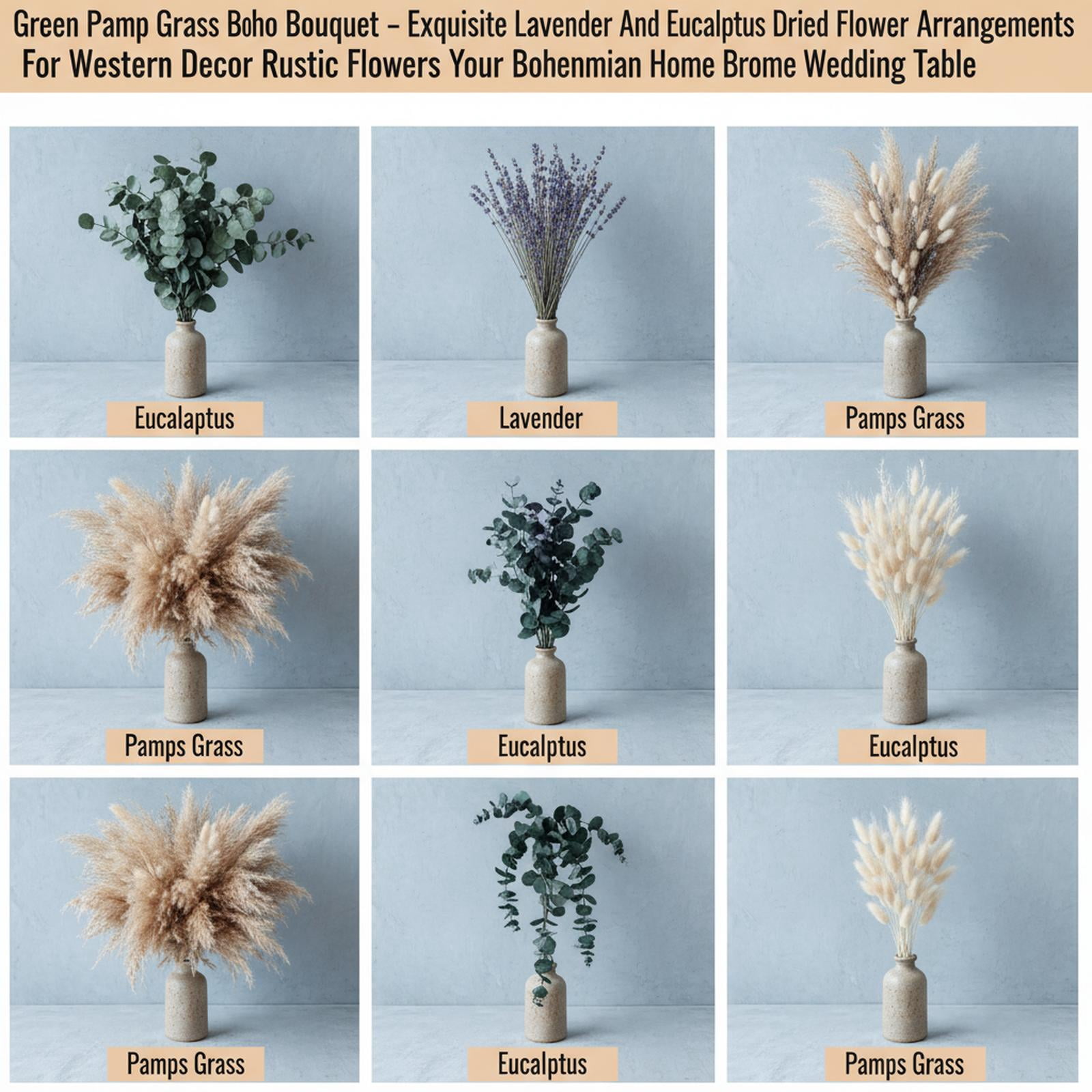 Green Pampas Grass Boho Dried Flower Bouquet Lavender Eucalyptus Rustic Western Decor for Bohemian Home Bedroom Wedding Table