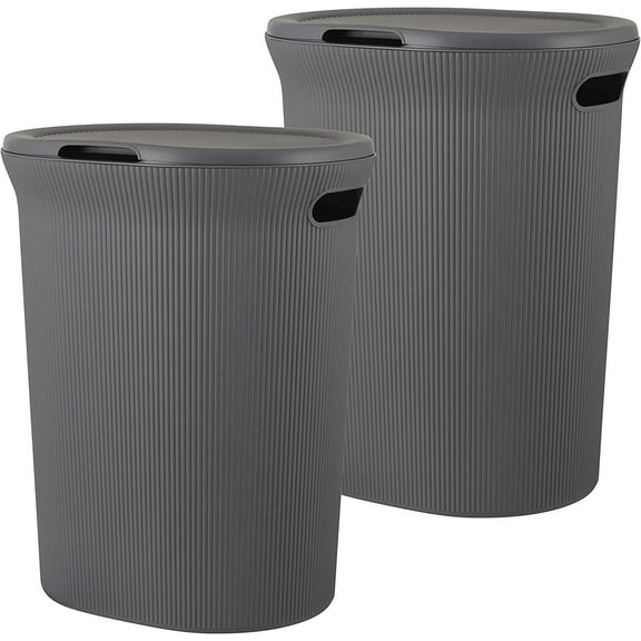 Superio 40L Elegant Ribbed Plastic Laundry Hamper with Lid - Grey (2 Pack)