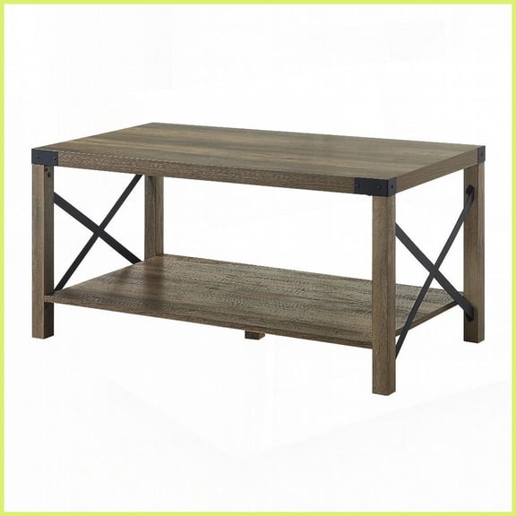 Rustic Oak Coffee Table with Bottom Shelf & X-Slat Design, Versatile Living Room Surface