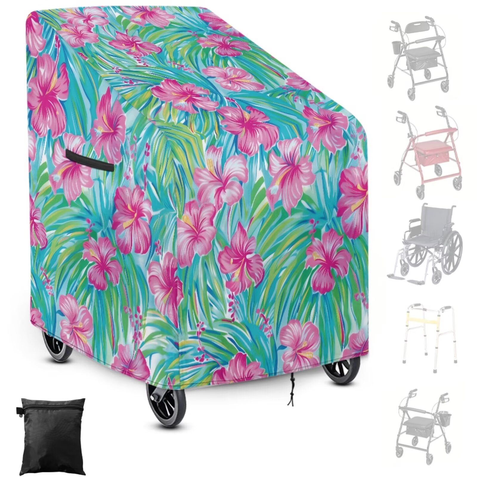 ZIATUBLES Rollator Walker Cover, All-Weather Protection Rollator Cover, Universal Mobility Aid Decor Accessories Fit Walker with Wheels and Seat, Hibiscus Leaf Print