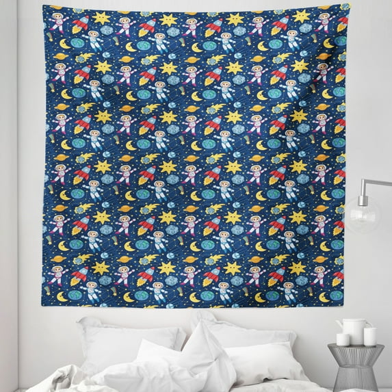 Space Tapestry, Cosmonaut Girl and Boy Siblings in Space Futuristic Moon Sun Adventure Caricature, Fabric Wall Hanging Decor for Bedroom Living Room Dorm, 5 Sizes, Multicolor, by Ambesonne