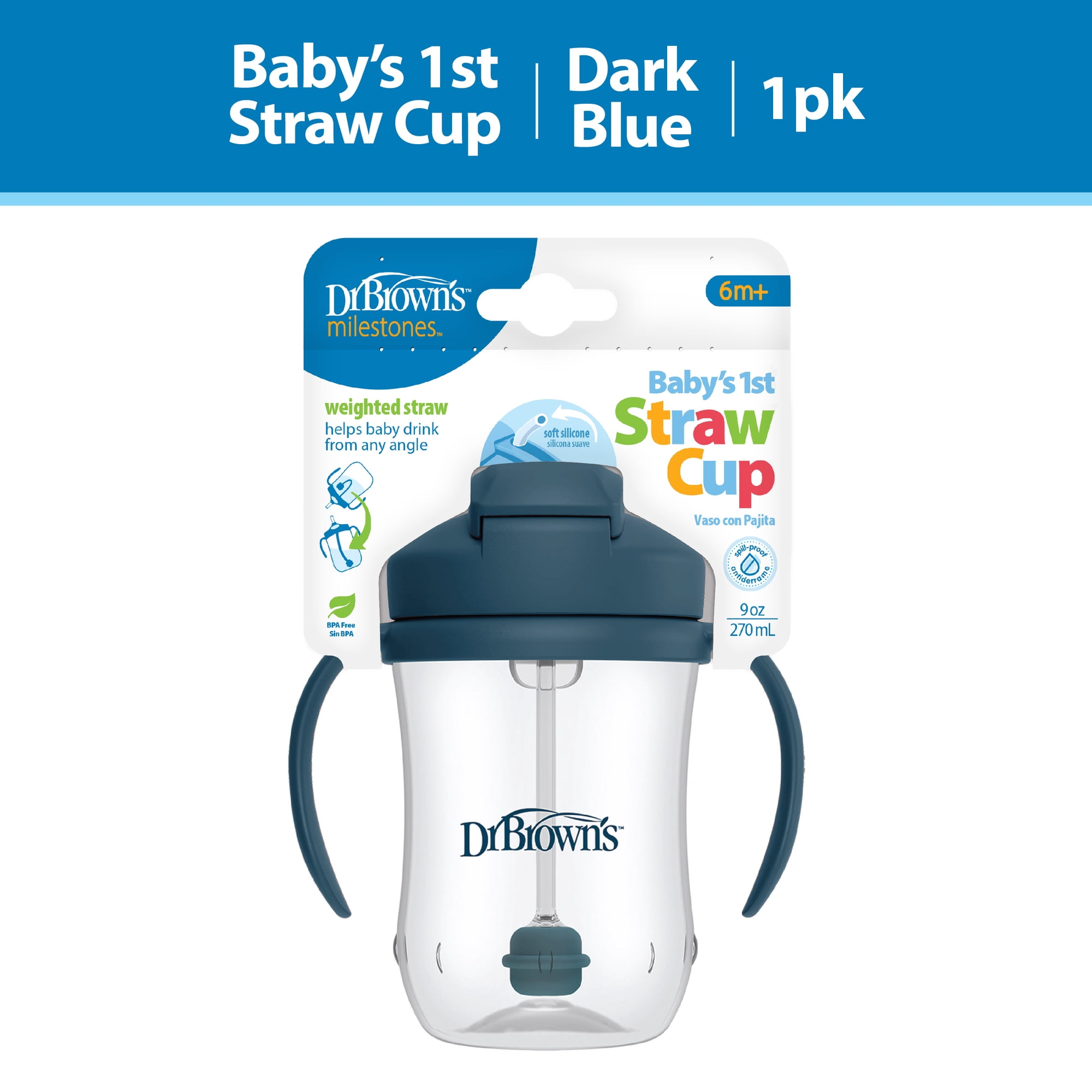 Dr. Brown's Milestones Baby's First Straw Cup, Training Cup with Weighted Straw, 9oz/270ml, Dark Blue, 6m+