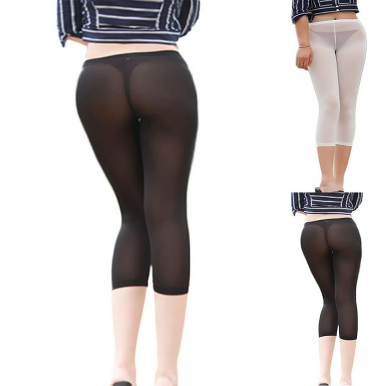 YIWEI Women See Through Cropped Pants High Elastic Ice Silk Leggings  Transparent Black 
