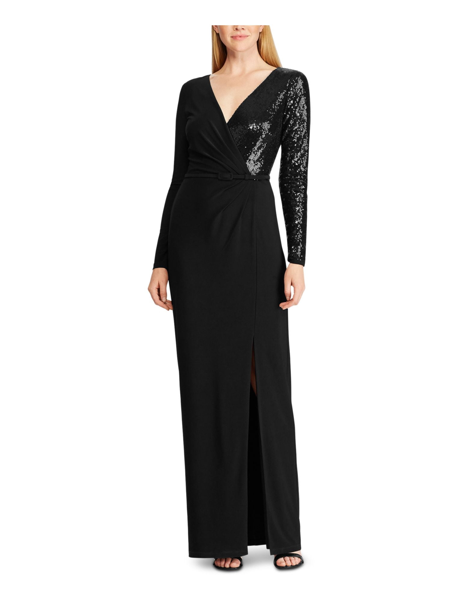 RALPH LAUREN Womens Black Sequined Long Sleeve V Neck Maxi Evening Wrap