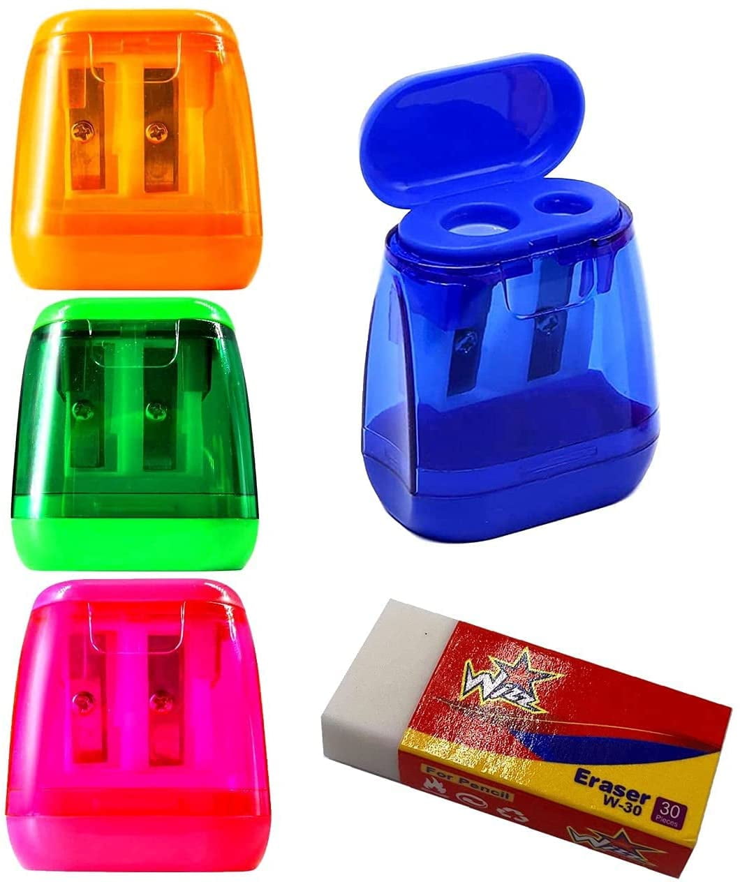 4 Pack of Pencil Sharpeners with 1 Free Eraser, Compact Dual Holes Handheld Pencil Sharpeners with Lid for Kids, Colored Orange Green Blue Pink