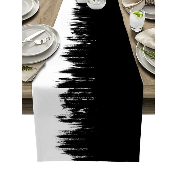 Table Runner Dresser Scarves 90 Inch Long, Abstract Black and White Paint Linen Dining Table Runners Modern Art Smear Texture Tabletop Scarf for Wedding Holiday Party Kitchen