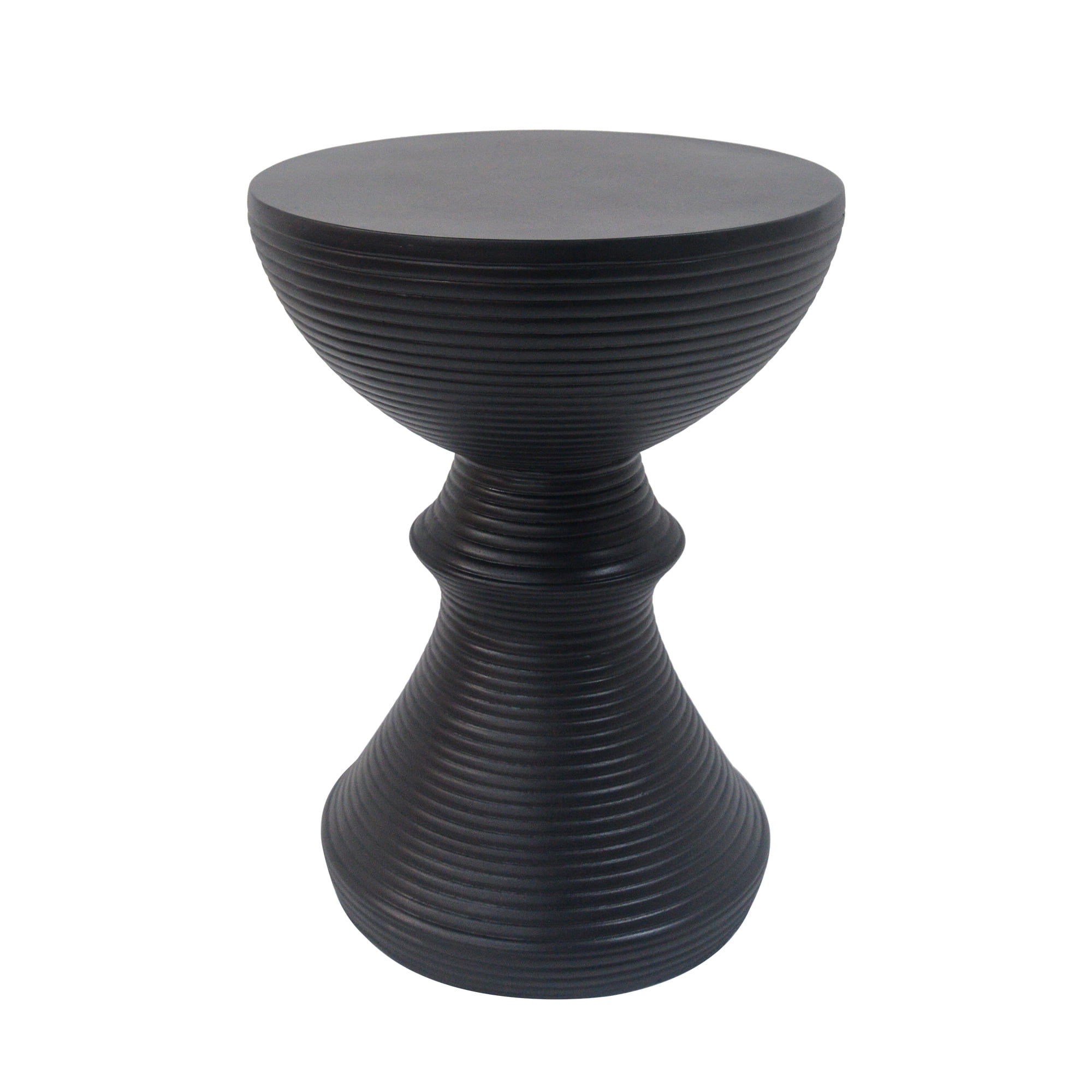 Hourglass Concrete Side Table, 16 Inch Ribbed Outdoor End Table for Patio Garden, Black