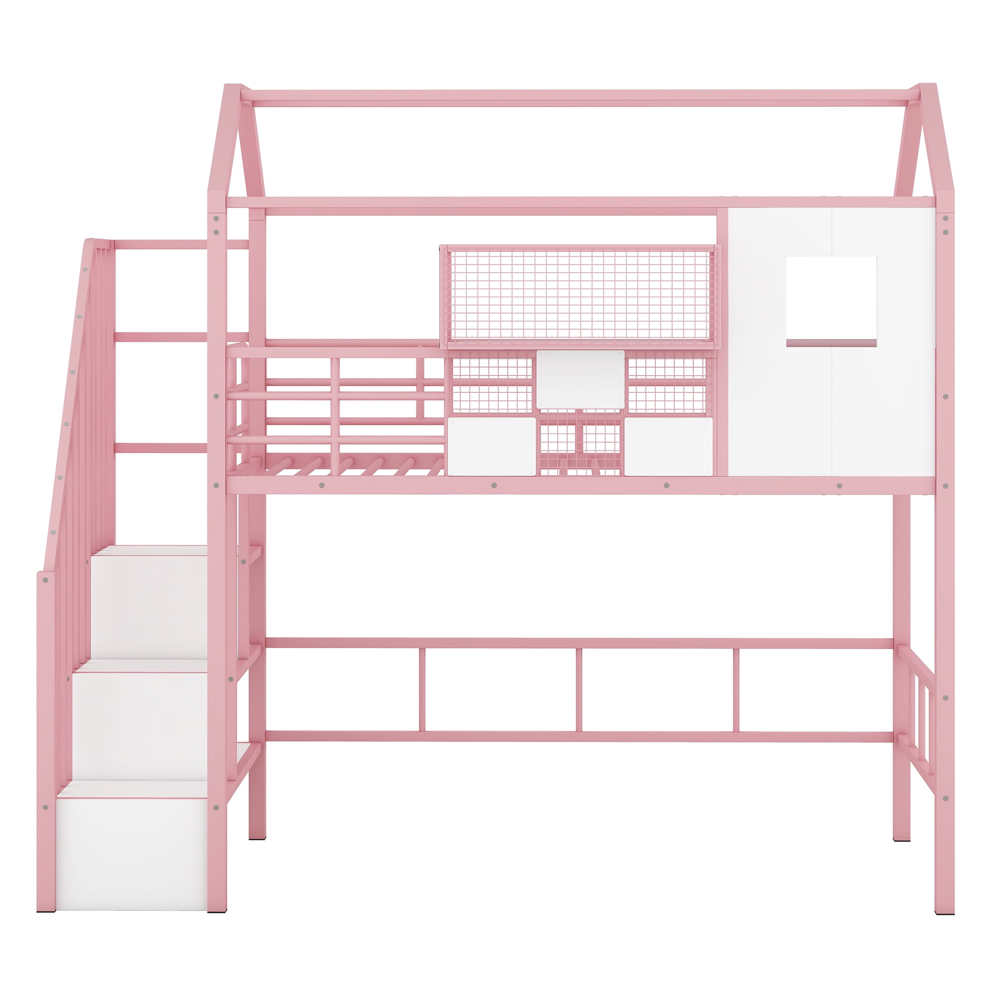 Euroco Twin Loft Bed with Cabinet, Solid Metal House Bed for Kids Teens, Pink