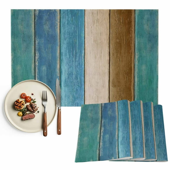 Placemats Set of 4, Blue Teal Wood Grain Place Mats Brown Wooden Plank Tablemats Washable Placemat Table Decoration for Kitchen Table Dinner Party Home Decor Indoor Outdoor 13x19 Inch