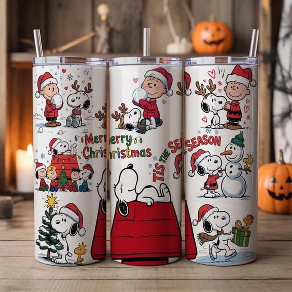 20oz Skinny Tumbler Snoopy, Peanuts Tis The Season, Merry Xmas Snoopy Tumber