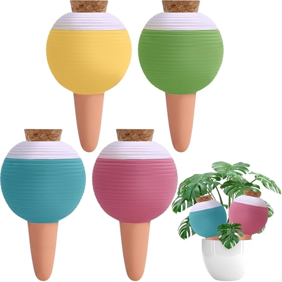 4PCS Plant Watering Globes, Large Terracotta Automatic Watering Stake Devices with Wooden Stopper for Pots, Planters, Indoor, Outdoor