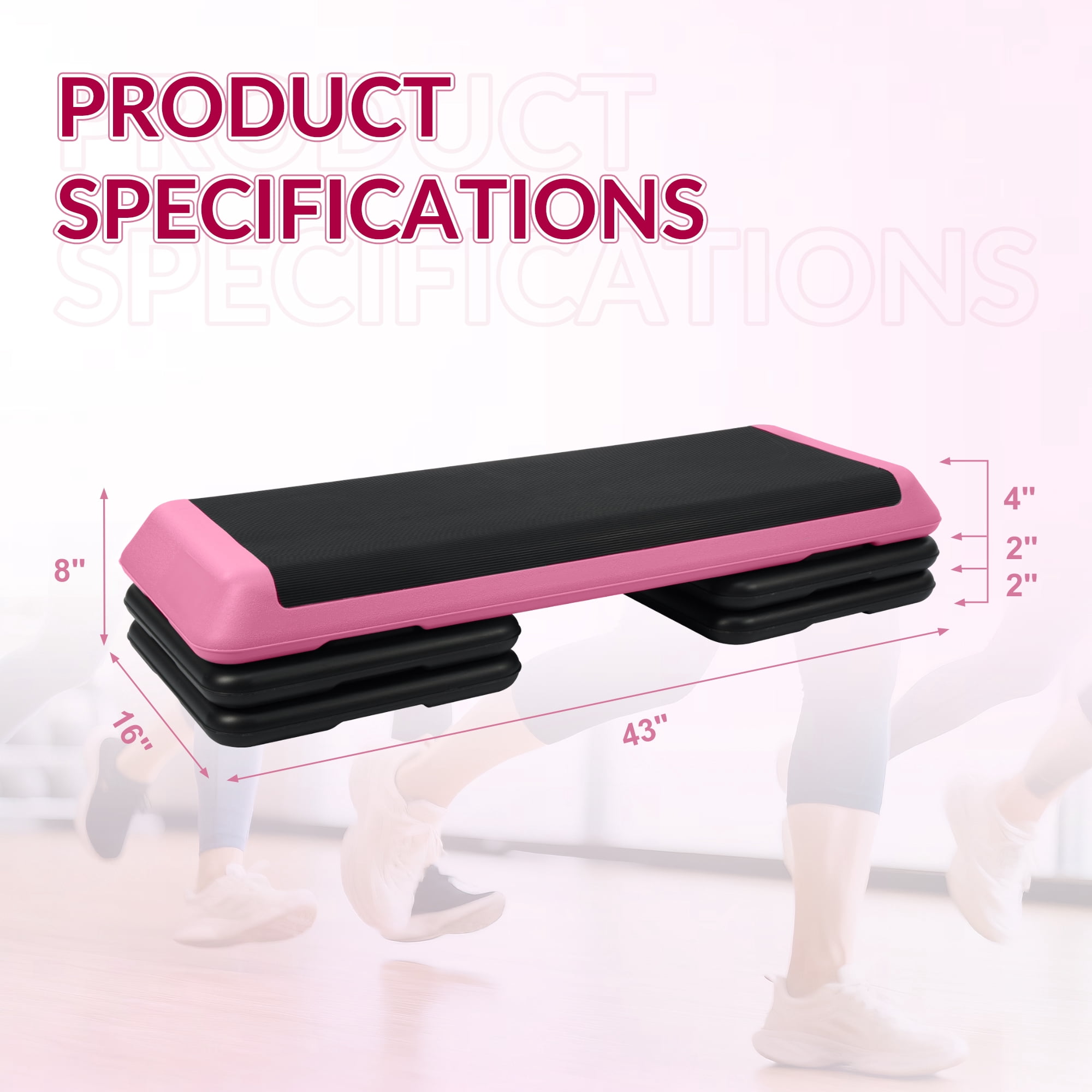 Signature Fitness Adjustable Aerobic Step Platform with 4 Risers, Non-Slip Stepper for Home Gym Workouts – 16", 28", 43", Pink/Blue/Gray