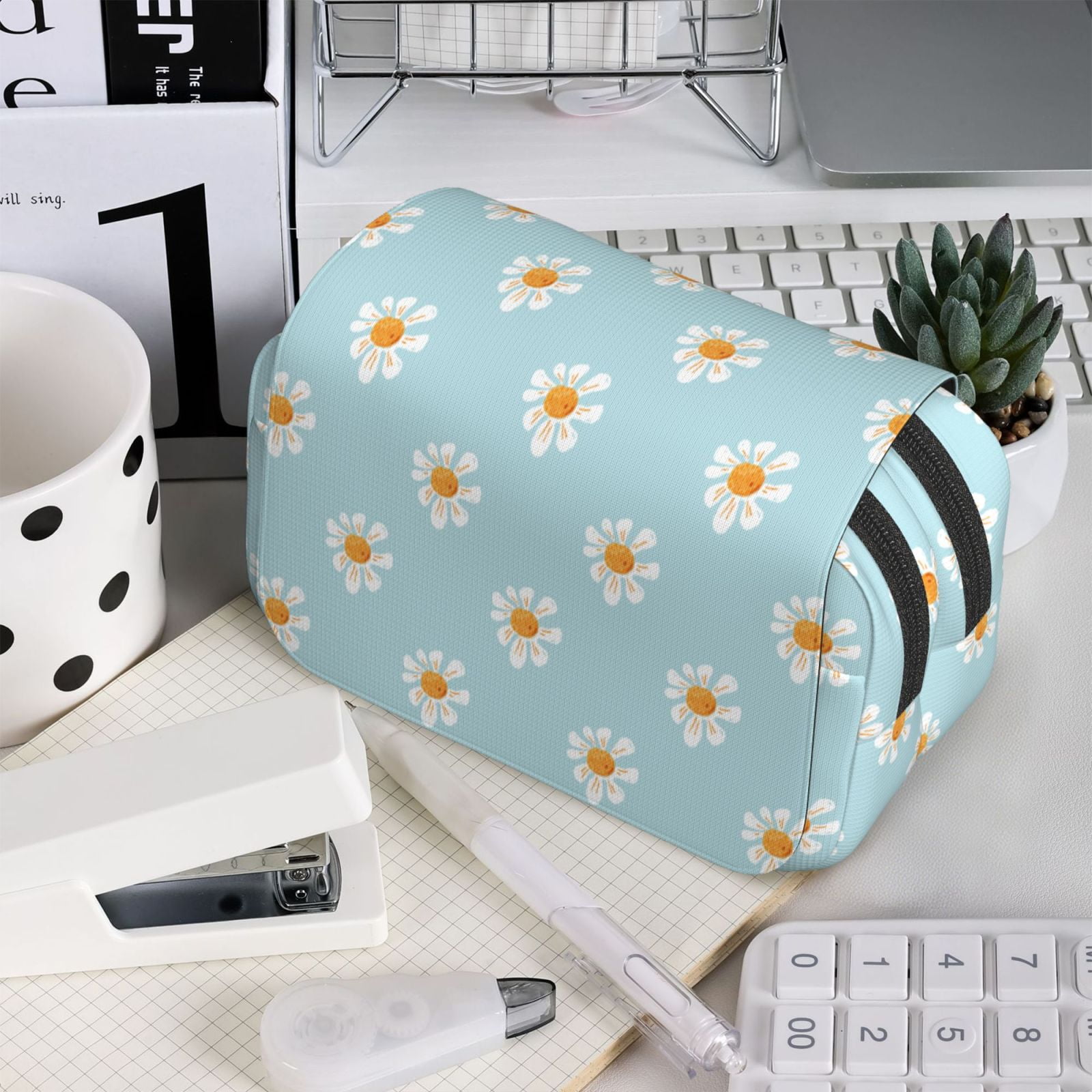 Rateoe Daisies Flowers Pattern Double Clamshell Pen Case, Storage Organizer with Two Zipper Compartments– Holds Up to 50 Pencils & Pens