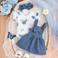 thumbnail image 2 of KPOPLK Newborn Baby Girl Clothes Infant Butterfly Print One-Piece Romper+Suspender Skirt+Headband 3pcs Clothing Sets(12-18 Months,Blue), 2 of 7