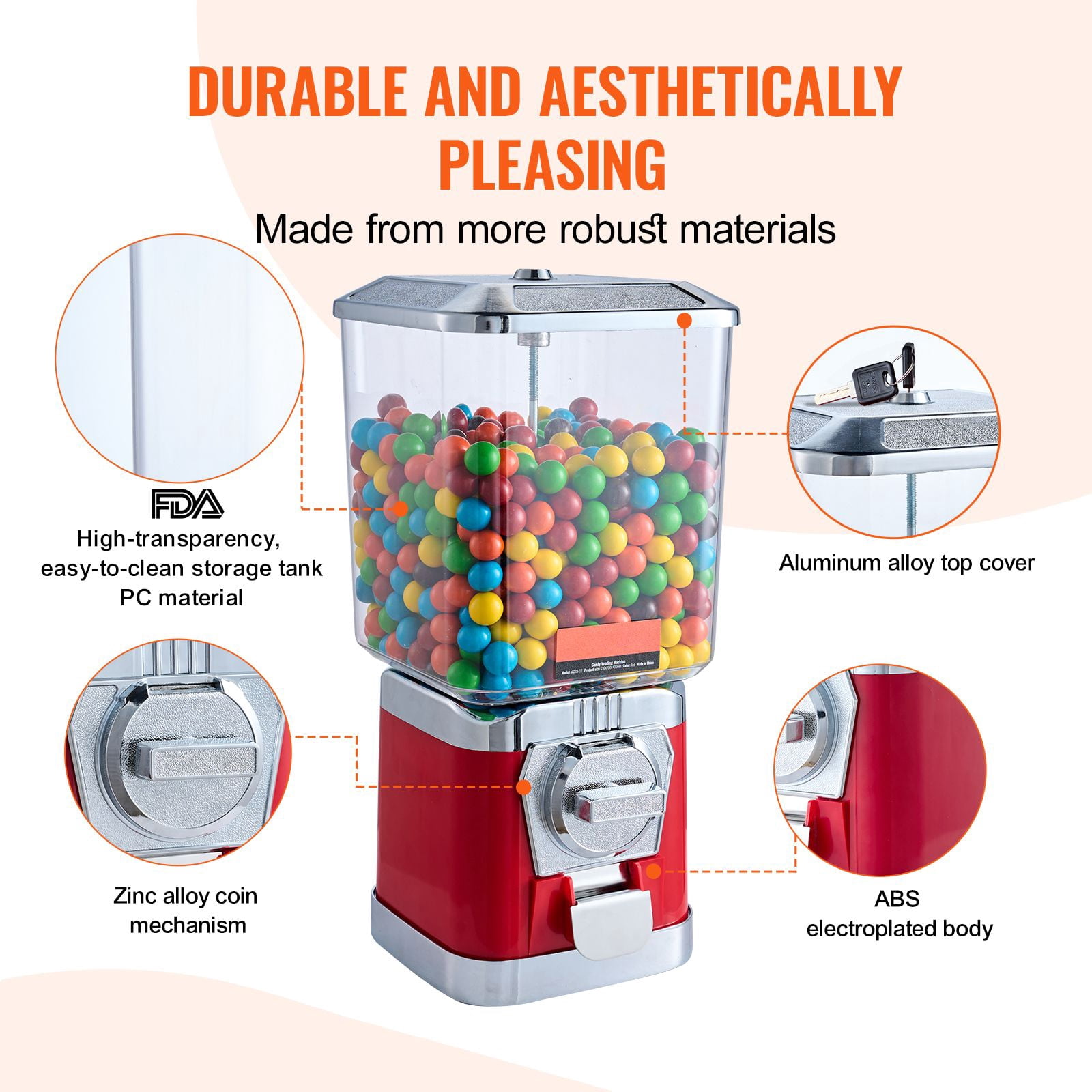 6.8L Candy Vending Machine with 25-Cent Coin Operation, Adjustable Candy Wheel, PC Jar, Metallic ABS Body for Gumballs Bouncy Balls