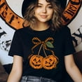 thumbnail image 3 of Pumpkin Bow Shirt Cute Jack O’Lantern Graphic Tee for Fall Season, Gold, Size S, 3 of 6