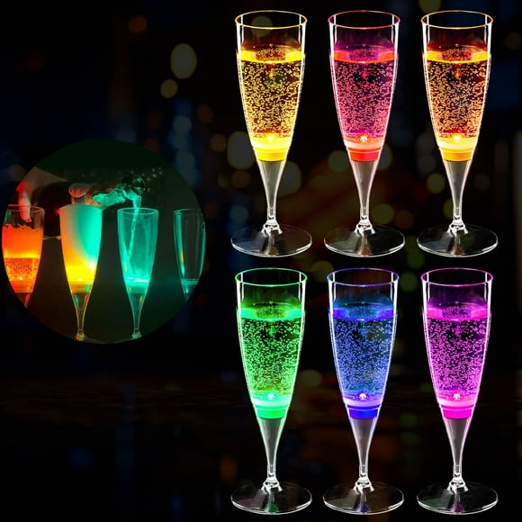 HOMEYA LED Champagne Flutes (Set of 6 Multi-Color), Water Liquid Activated Light Up Cups Flashing Wine Glasses Blinking Cocktail Whisky Drinkware Glow Dark for Christmas Halloween Party Wedding Gifts