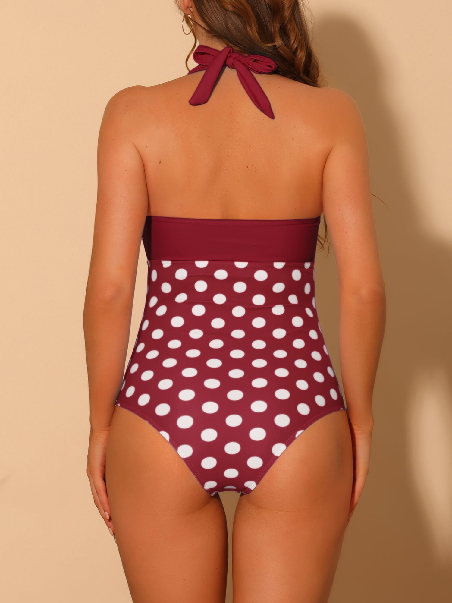 DARING DIVA Halterneck Polka Dot Tummy Control Swimsuit L Maroon Red