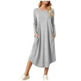thumbnail image 1 of Robe d'Automne à Manches Longues pour Femmes, Coupe Ample Décontractée, Robe T-Shirt avec Poches, Couleur Unie, Col Ras du Cou, Robe Midi Droite, 1 of 7