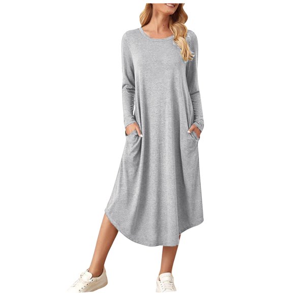 Fall Long Sleeve Dress for Women Casual Loose Fit T Shirts Dress with Pockets Solid Color Crewneck Shift Midi Dress