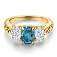 thumbnail image 3 of Gem Stone King 18K Yellow Gold Plated Silver London Blue Topaz and White Moissanite Filigree Style 3 Stone Ring for Women (2.50 Cttw, Oval 8X6MM and 6X4MM) (Size 5), 3 of 6