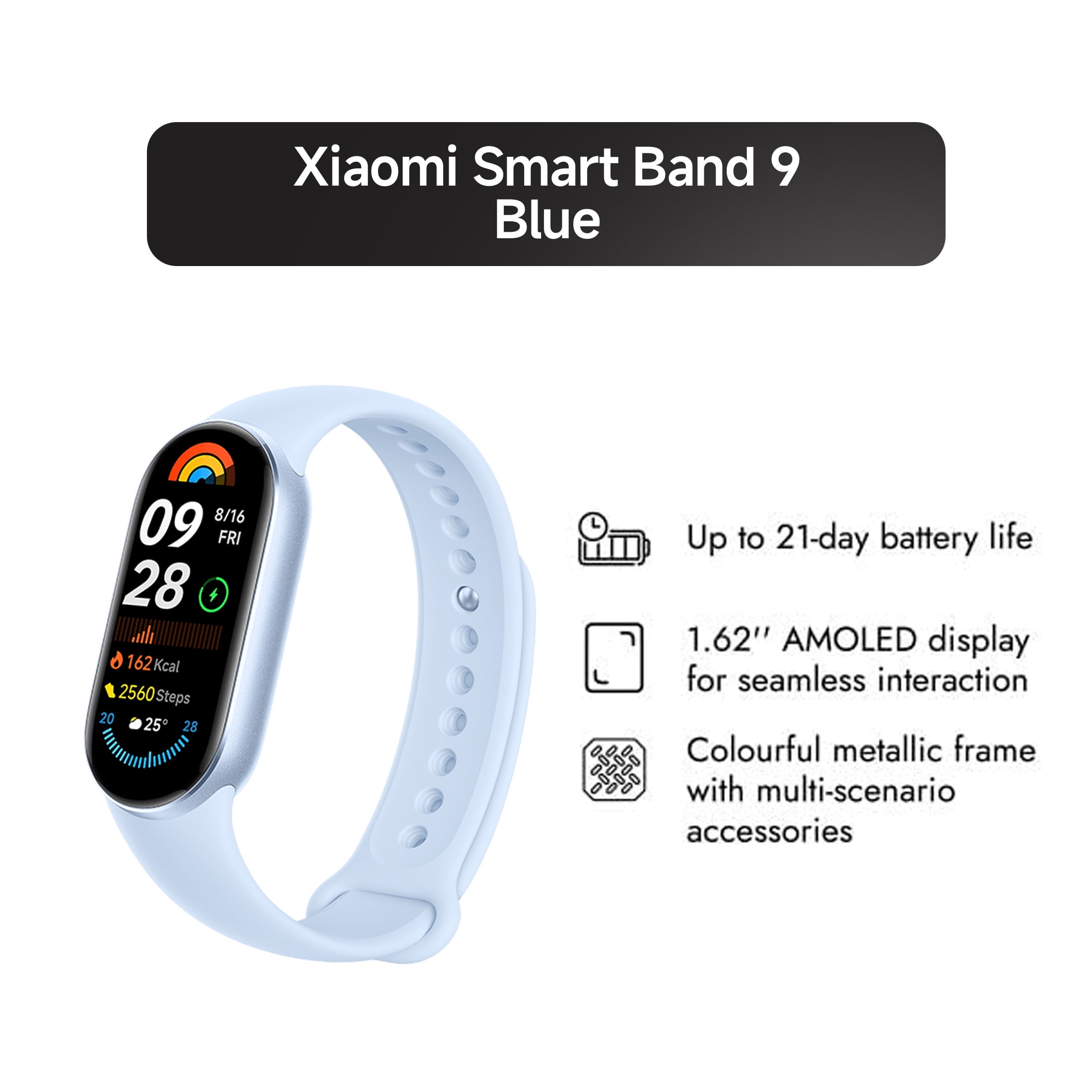 Xiaomi Smart Band 9 Global Version (2024) – 1.62” AMOLED, 21-Day Battery, 150+ Sports Modes, 50m Waterproof, Midnight Black