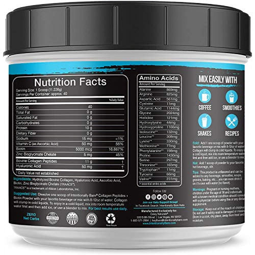 Collagen Peptides – Biotin, Hyaluronic Acid, Vitamin C, Zinc - 10g Protein, Zero Carbs - Grass-Fed, Pasture Raised, Dairy Free – Unflavored - 40 Servings