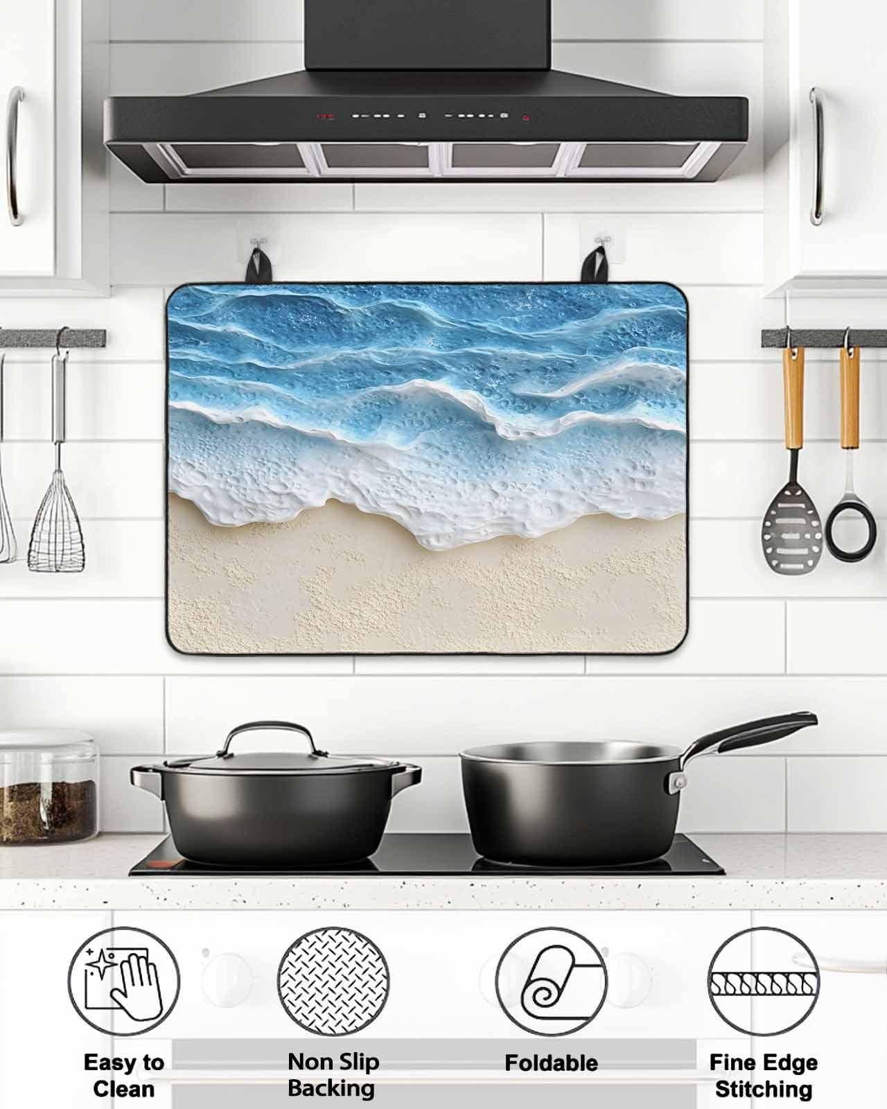 Abstract Beach Wave Stove Top Covers for Electric Stove, 28'x20'' Watercolor Blue Ocean Decor Glass Ceramic Stove Cover Foldable Rubber Mat Heat Resistant Cooktop Protector for Kitchen