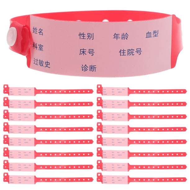 100 pulseras de plástico para identificación de pacientes hospitalarios, rojas, desechables e impermeables para eventos