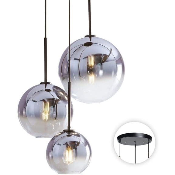 KCO Lighting Modern 3-Light Hanging Light, Silver Gradient Glass Globe Pendant Ceiling Lighting, Mid Century Hanging Chandelier