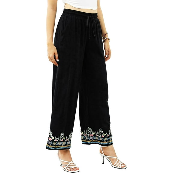Womens Floral Embroidered Broad Feet Pants Wide-Leg Trousers Long Loose Pants