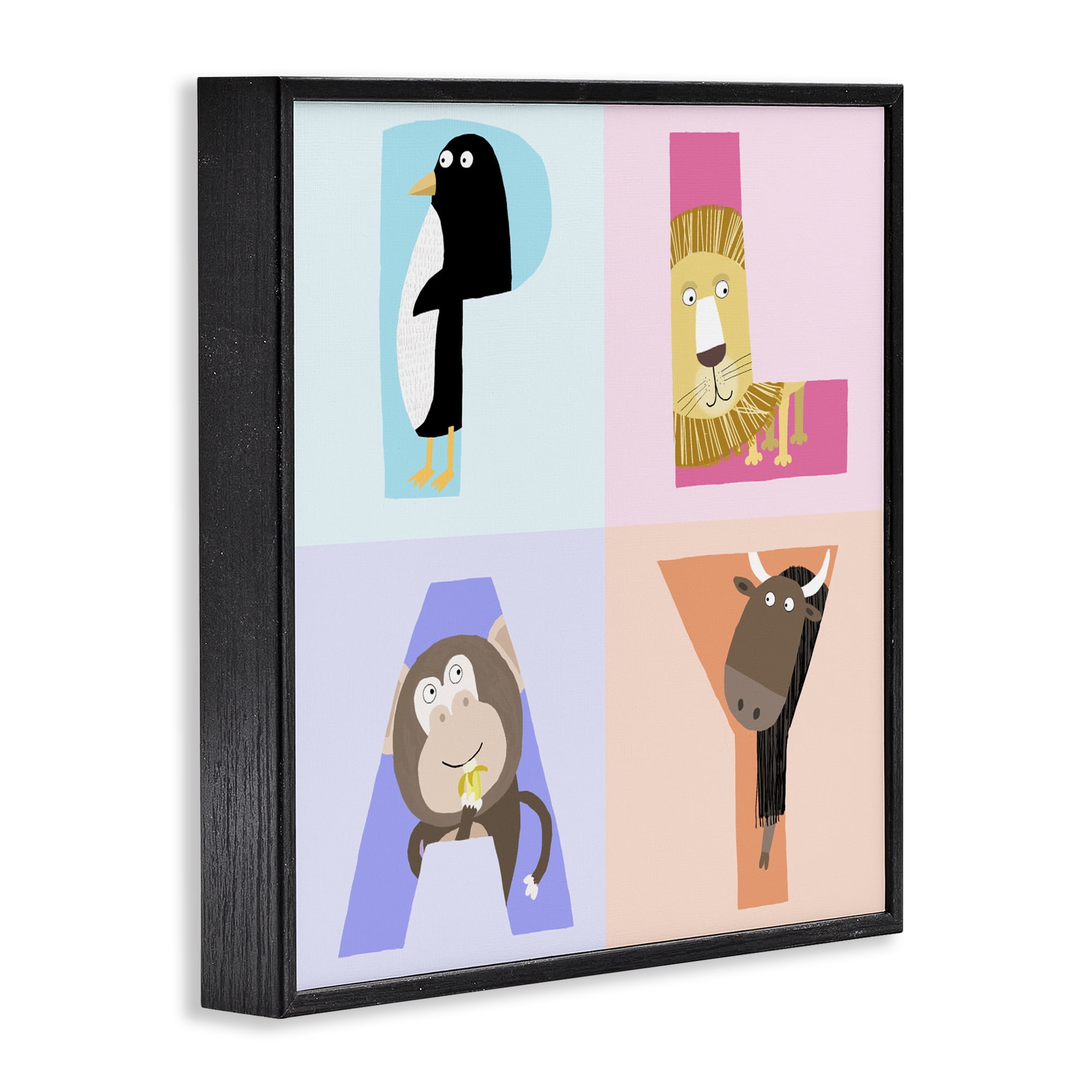 Stupell Industries Play Letters Squares with Animals Black Framed Giclee Art, design by Carla Daly
